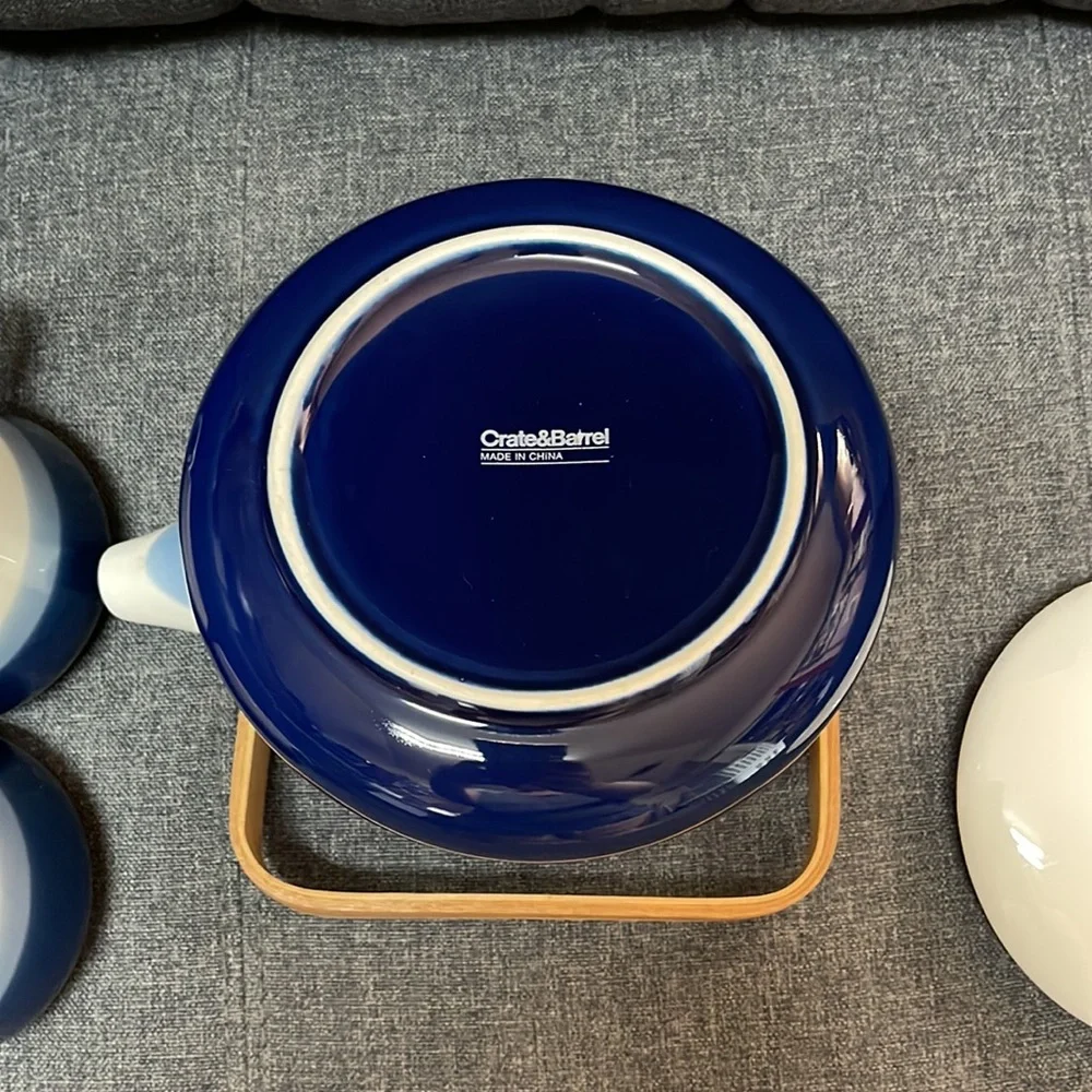 Crate & Barrel Blue Stripped Teapot and Cups Set